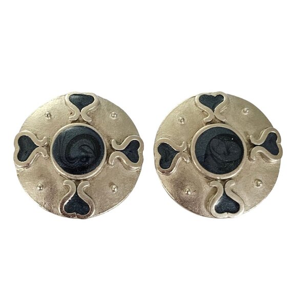 KK/ED Silver Tone Blue Enamel Hearts Modernist Round Clip Earrings, Signed L241 - Picture 11 of 11